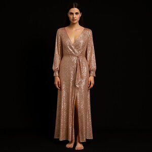 Elegant Rose Gold Sequin Long Sleeve Dress with Front Slit, XL
